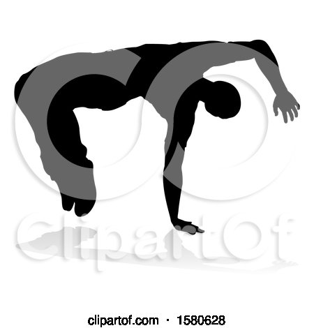 Clipart of a Silhouetted Male Dancer, with a Reflection or Shadow, on a White Background - Royalty Free Vector Illustration by AtStockIllustration