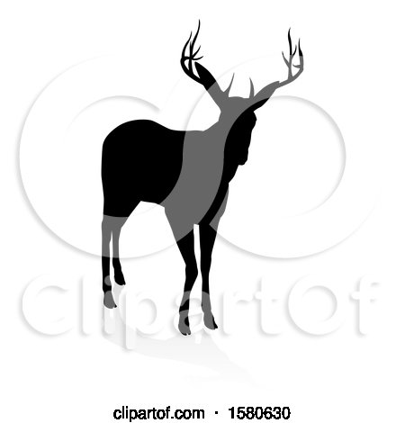 Clipart of a Black Silhouetted Deer Stag Buck, with a Shadow on a White Background - Royalty Free Vector Illustration by AtStockIllustration