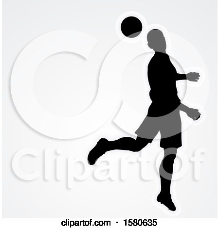 Clipart of a Silhouetted Male Soccer Player Heading a Ball over Gray, with Text Space - Royalty Free Vector Illustration by AtStockIllustration