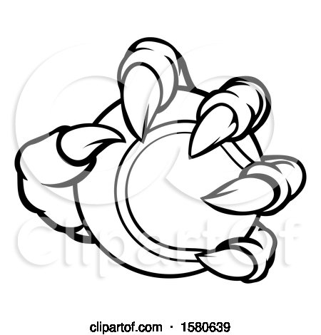 Clipart of a Black and White Monster Claw Holding a Tennis Ball - Royalty Free Vector Illustration by AtStockIllustration