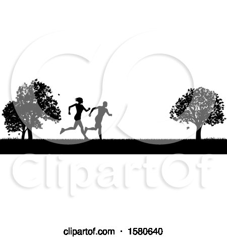 Clipart of a Black Silhouetted Fit Couple Running in a Park - Royalty Free Vector Illustration by AtStockIllustration