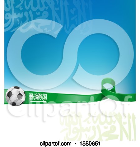 Clipart of a Soccer Ball and Saudi Arabia Ribbon Flag over a Blue and White Background - Royalty Free Vector Illustration by Domenico Condello