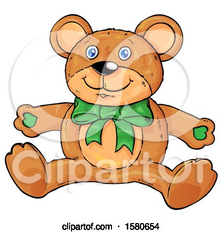 Clipart of a Teddy Bear with a Green Bow - Royalty Free Vector Illustration by Domenico Condello