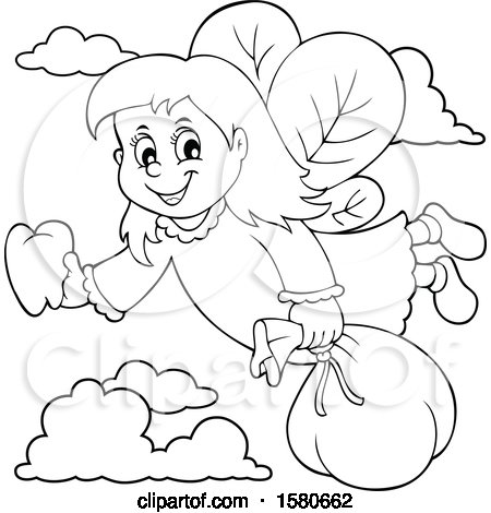Clipart of a Lineart Tooth Fairy Flying - Royalty Free Vector Illustration by visekart