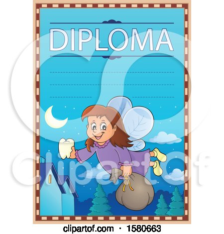 Clipart of a Tooth Fairy Flying on a Diploma - Royalty Free Vector Illustration by visekart