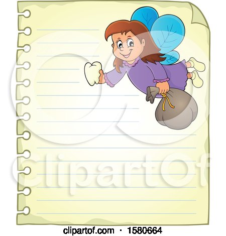 Clipart of a Tooth Fairy Flying on Ruled Paper - Royalty Free Vector Illustration by visekart