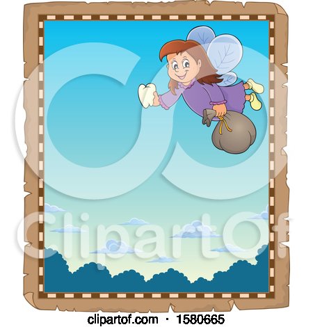 Clipart of a Parchment Border of a Tooth Fairy Flying - Royalty Free Vector Illustration by visekart