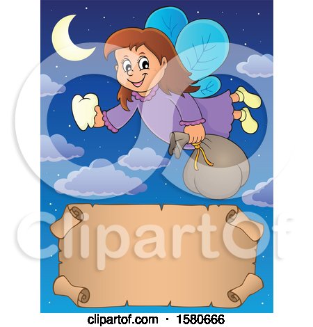 Clipart of a Tooth Fairy Flying over a Scroll Banner - Royalty Free Vector Illustration by visekart