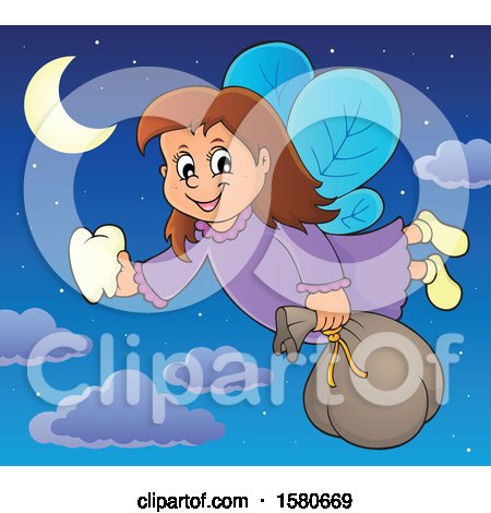 Clipart of a Tooth Fairy Flying in a Night Sky with Clouds - Royalty Free Vector Illustration by visekart