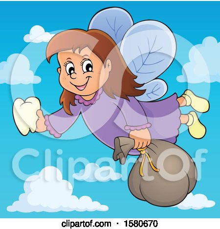 Clipart of a Tooth Fairy Flying in a Blue Sky with Clouds - Royalty Free Vector Illustration by visekart