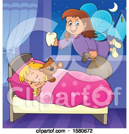 Clipart of a Tooth Fairy Flying over a Sleeping Girl - Royalty Free Vector Illustration by visekart