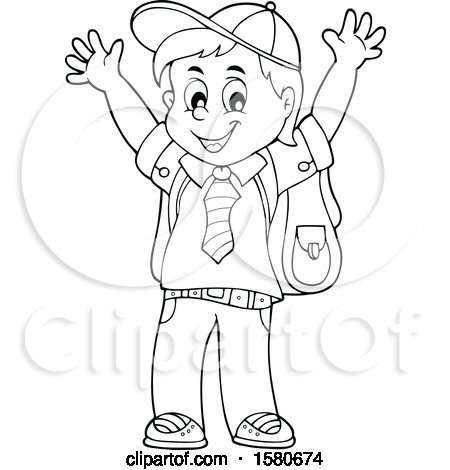 Clipart of a Lineart Cheering School Boy - Royalty Free Vector Illustration by visekart
