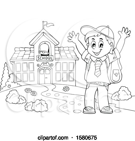 Clipart of a Lineart Cheering School Boy by a Building - Royalty Free Vector Illustration by visekart