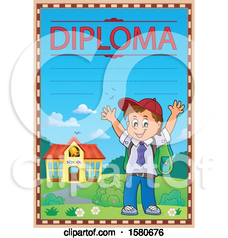 Clipart of a Cheering School Boy on a Diploma - Royalty Free Vector Illustration by visekart