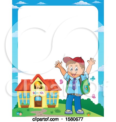 Clipart of a Border of a Cheering School Boy Outside a Building - Royalty Free Vector Illustration by visekart