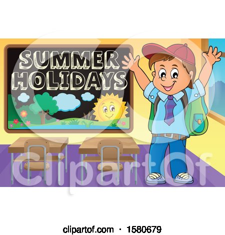 Clipart of a Cheering School Boy by a Summer Holidays Blackboard - Royalty Free Vector Illustration by visekart