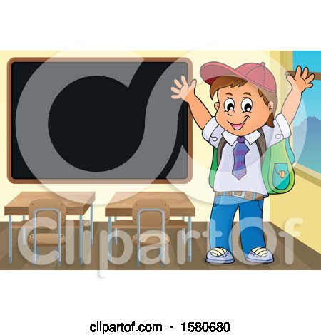 Clipart of a Cheering School Boy by a Blackboard - Royalty Free Vector Illustration by visekart