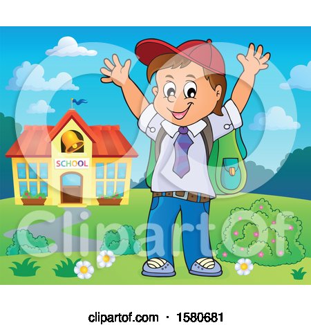 Clipart of a Cheering School Boy Outside a Building - Royalty Free Vector Illustration by visekart