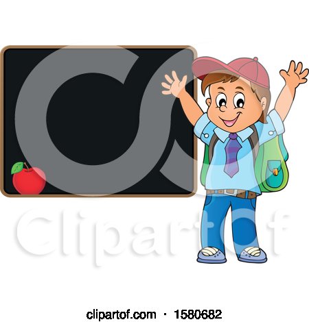 Clipart of a Cheering School Boy by a Black Board - Royalty Free Vector Illustration by visekart