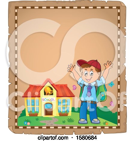 Clipart of a Parchment Border of a Cheering School Boy Outside a Building - Royalty Free Vector Illustration by visekart