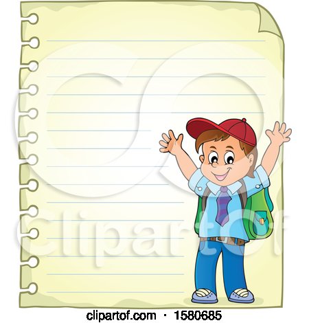 Clipart of a Cheering School Boy over a Sheet of Ruled Paper - Royalty Free Vector Illustration by visekart