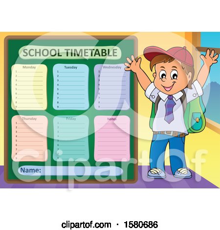 Clipart of a Cheering School Boy by a Timetable - Royalty Free Vector Illustration by visekart