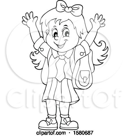Clipart of a Lineart Cheering School Girl - Royalty Free Vector Illustration by visekart