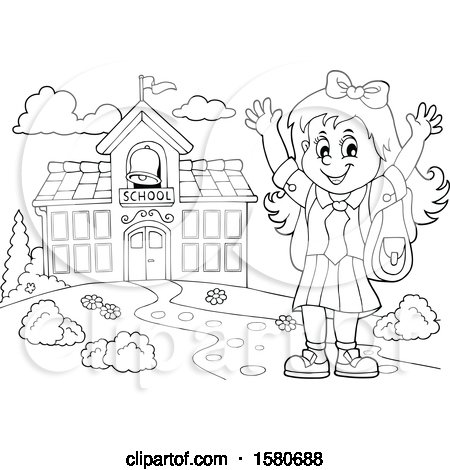 Clipart of a Lineart Cheering School Girl by a Building - Royalty Free Vector Illustration by visekart