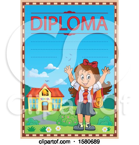 Clipart of a Cheering School Girl on a Diploma - Royalty Free Vector Illustration by visekart
