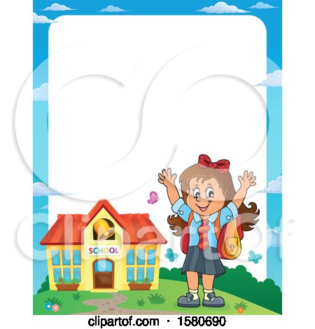 Clipart of a Border of a Cheering School Girl Outside a Building - Royalty Free Vector Illustration by visekart