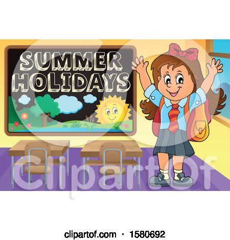 Clipart of a Cheering School Girl by a Summer Holidays Black Board - Royalty Free Vector Illustration by visekart