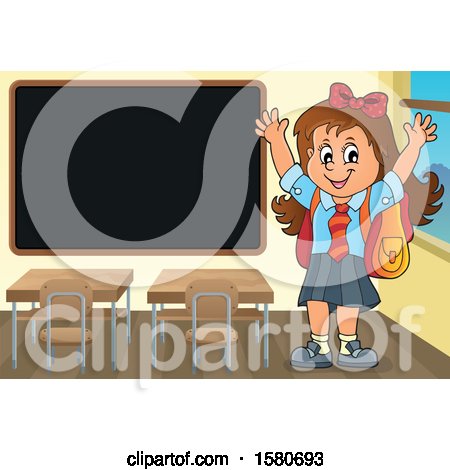 Clipart of a Cheering School Girl by a Black Board - Royalty Free Vector Illustration by visekart