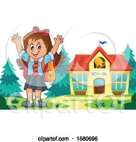 Clipart of a Cheering School Girl Outside a Building - Royalty Free Vector Illustration by visekart