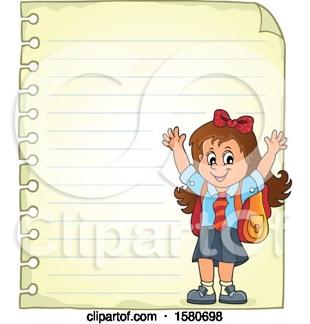 Clipart of a Cheering School Girl over Ruled Paper - Royalty Free Vector Illustration by visekart