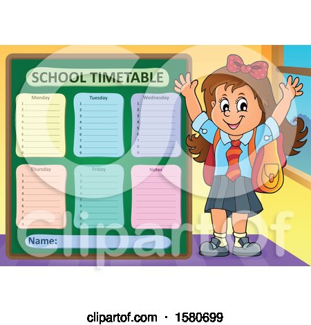 Clipart of a Cheering School Girl by a Timetable - Royalty Free Vector Illustration by visekart