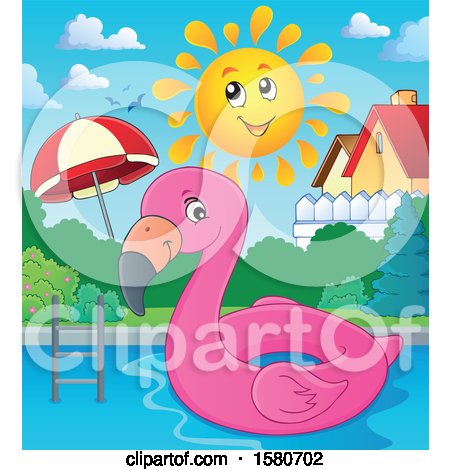 Clipart of a Pink Flamingo Swim Float Inner Tube in a Pool - Royalty Free Vector Illustration by visekart