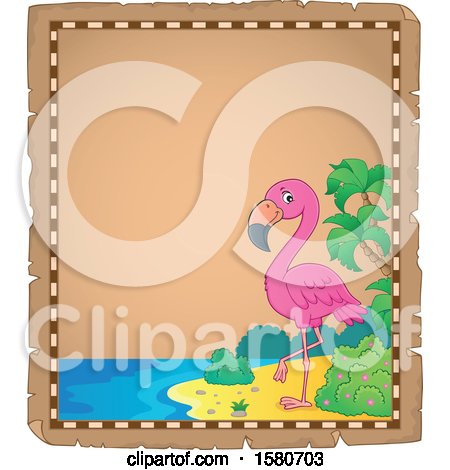 Clipart of a Parchment Border of a Pink Flamingo Bird on a Beach - Royalty Free Vector Illustration by visekart