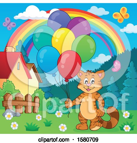 Clipart of a Ginger Cat Holding Party Balloons Under a Rainbow - Royalty Free Vector Illustration by visekart