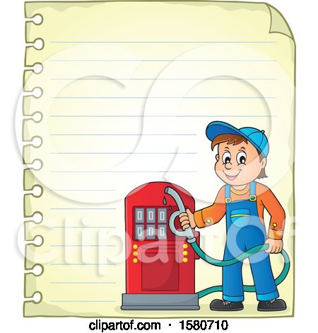 Clipart of a Gas Station Attendant Holding a Nozzle over Ruled Paper - Royalty Free Vector Illustration by visekart