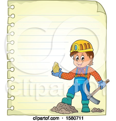 Clipart of a Miner Holding Ore over Ruled Paper - Royalty Free Vector Illustration by visekart