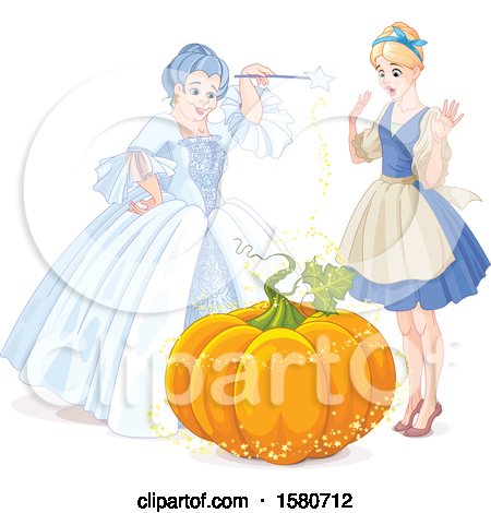 Clipart of a Fairy Godmother Holding a Magic Wand over a Pumpkin to Make a Coach for Cinderella - Royalty Free Vector Illustration by Pushkin