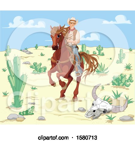 Clipart of a Horseback Western Cowboy Riding Through a Desert - Royalty Free Vector Illustration by Pushkin