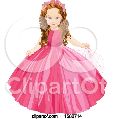Clipart of a White Girl Princess with a Crown of Roses and a Pink Gown - Royalty Free Vector Illustration by Pushkin