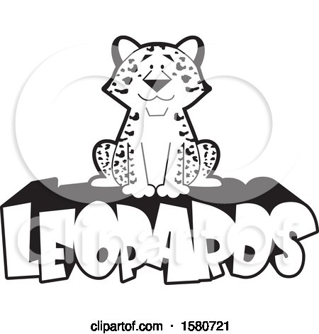 Clipart of a Black and White Sitting Happy Leopard on Text - Royalty Free Vector Illustration by Johnny Sajem