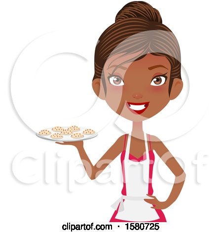 Clipart of a Happy Black Female Chef or Baker Wearing an Apron and Serving Chocolate Chip Cookies - Royalty Free Vector Illustration by Melisende Vector