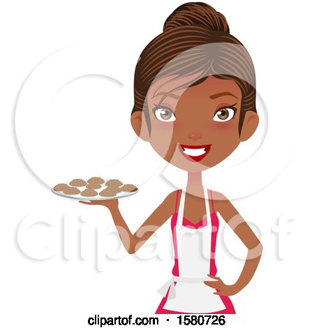 Clipart of a Happy Black Female Chef or Baker Wearing an Apron and Serving Chocolate Cookies - Royalty Free Vector Illustration by Melisende Vector