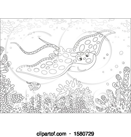 Clipart of a Lineart Stingray Fish Swimming over a Reef - Royalty Free Vector Illustration by Alex Bannykh