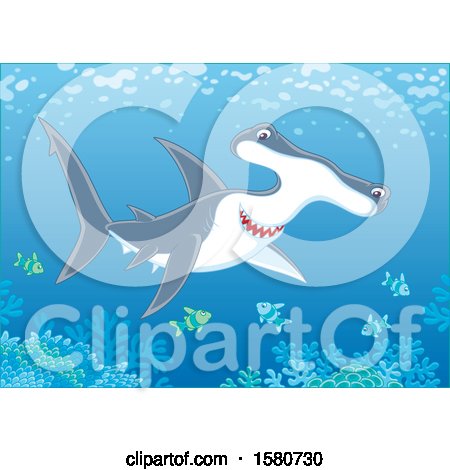 Clipart of a Swimming Hammerhead Shark over a Reef - Royalty Free Vector Illustration by Alex Bannykh