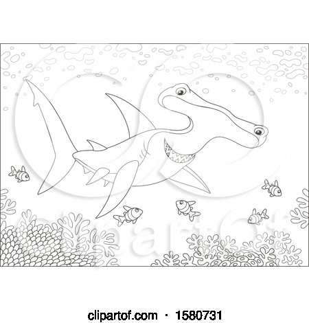 Clipart of a Black and White Swimming Hammerhead Shark over a Reef - Royalty Free Vector Illustration by Alex Bannykh