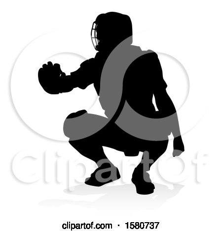 Clipart of a Black Silhouetted Baseball Player Catcher, with a Reflection or Shadow, on a White Background - Royalty Free Vector Illustration by AtStockIllustration